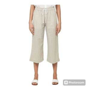 Beach lunch lounge cropped striped linen elastic drawstring waist pants